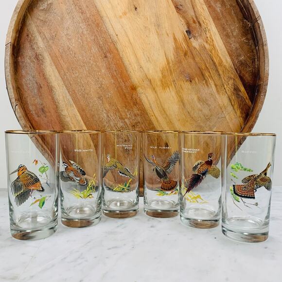NED SMITH Highball Glasses Set (6) VTG 12 oz 5.5 in Game Bird Duck Gold Trim EUC - Picture 1 of 16